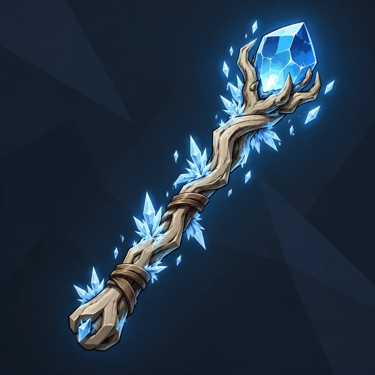 A pale twisted wooden wand with a cracked sapphire and frost crystals, on a blue background