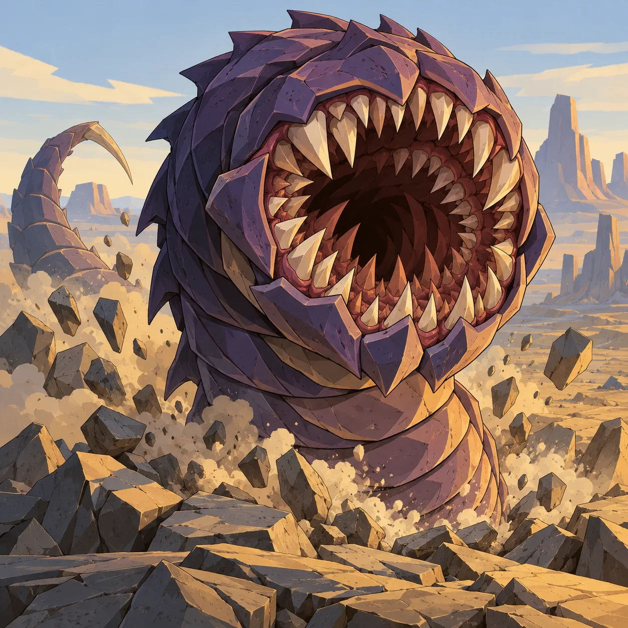 A colossal purple worm with a round, tooth-ringed maw bursting out of the rock in a desert