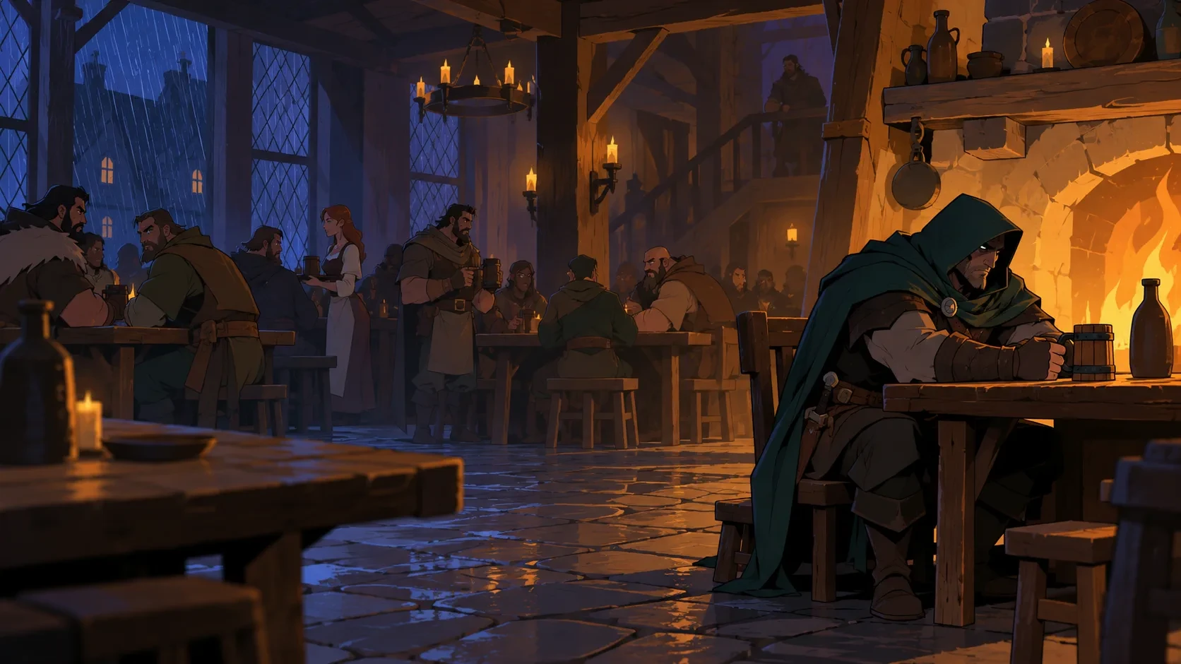 A tavern common room at night: a hooded stranger sits alone at a corner table by the hearth