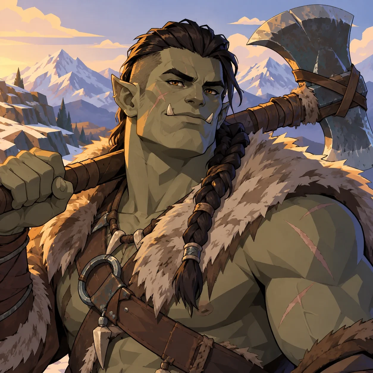 Portrait of an orc barbarian with a fur mantle and a greataxe on his shoulder, in front of snowy mountains