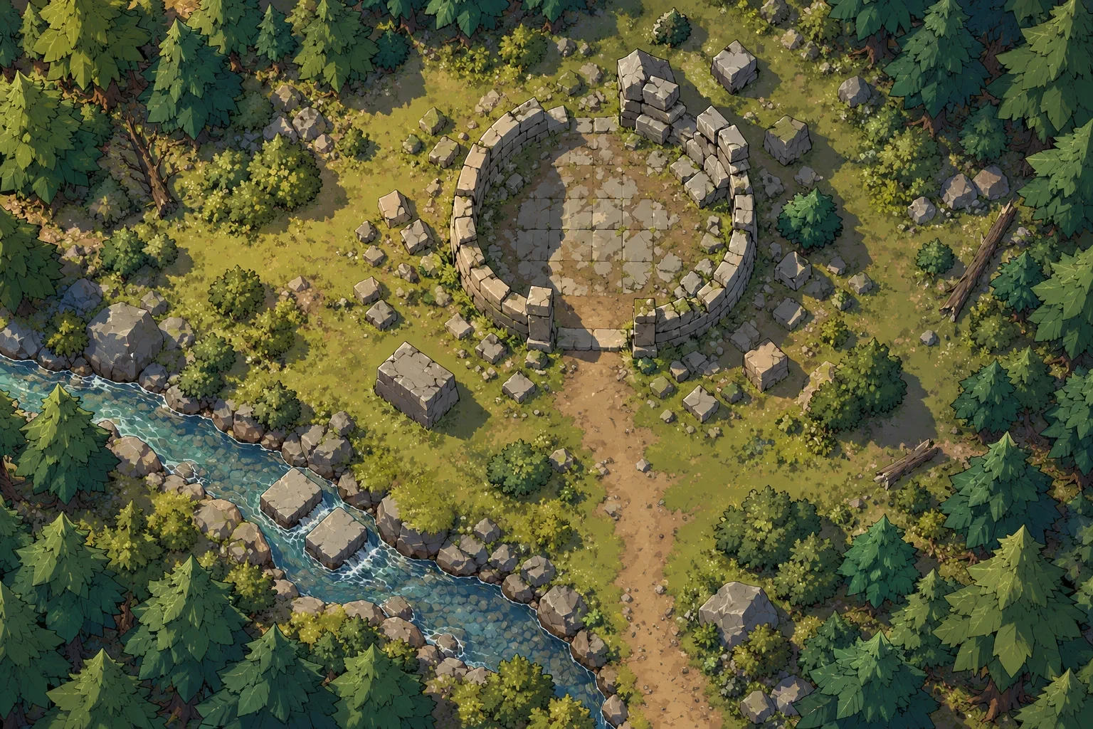 A top-down map: the round ruins of a tower in a pine clearing, with a stream and a dirt path